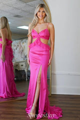 Hot Pink Side Cutout Mermaid Slit Prom Dress with Backside Ruffle Ruching