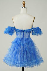 Off the Shoulder A-Line Blue Homecoming Dress