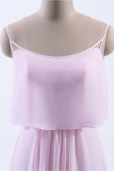 Roze Fourcound Chiffon-riemen A-lijn lange bruidsmeisje jurk