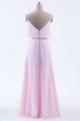 Roze Fourcound Chiffon-riemen A-lijn lange bruidsmeisje jurk