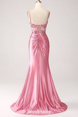 Sequin Applique Sweetheart Mermaid Pink Prom Dress with Slit