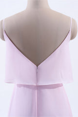 Roze Fourcound Chiffon-riemen A-lijn lange bruidsmeisje jurk
