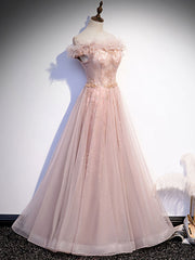 Pink tulle lace long prom dress, pink tulle formal dress