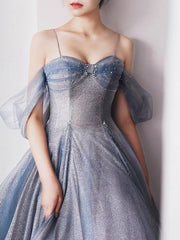 Blue sweetheart tulle long prom dress, tulle formal dress