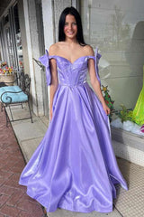 Bowknot Off Shoulder Fuchsia A-Line Corset Gala Prom Dress