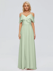 Thin shoulder strap ruffled chiffon and floor length bridesmaid dress