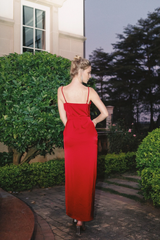 Jimiss slim shoulder strap V-neck backless side slit long style Prom dress