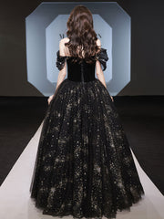 Black tulle off shoulder long prom dress, black tulle formal dress