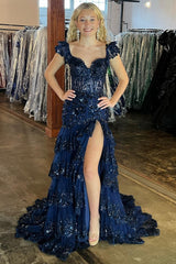 Red Sequin-Embroidery Off-the-Shoulder Tiered Long Prom Dress with Slit