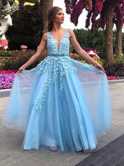 Beading Light Blue Lace A Line V Neck Tulle Long Prom Dress
