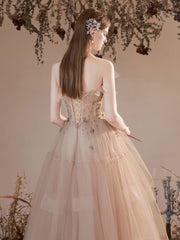 Champagne tulle long prom dress, A line tulle formal dress
