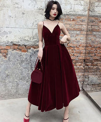 Eenvoudige Bourgondische thee -lengte prom -jurk, Bourgondische bruidsmeisje jurk