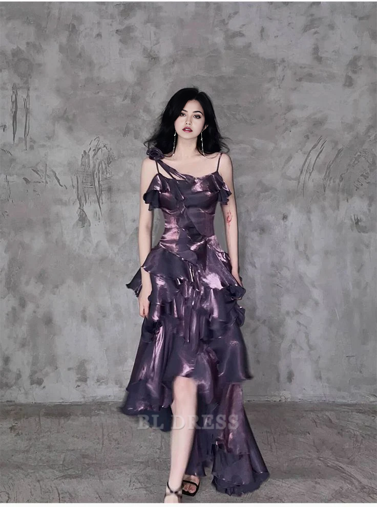 A-line Spaghetti Straps Irregular Ruffled Grape formal dresses Bridesmaid Dresses evening gown Prom Dress