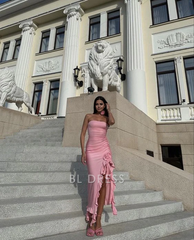 Sheath Strapless Ruffle Pink Slit formal dresses Bridesmaid Dresses evening gown Prom Dress
