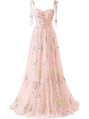 A-line Sleeves Straps Embroidery Tulle Prom Dress