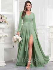 A-line V Neck Long Sleeves Ruffle Chiffon formal dresses Bridesmaid Dresses evening gown Prom Dress