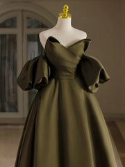 A-Line V Neck Satin Olive Green Long Prom Dress, Green Long Formal Dress
