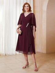 A-Line V-neck Flutter Sleeves Chiffon Knee-Length Dress Cabernet