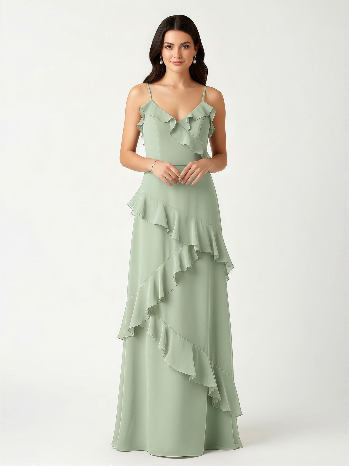 A-Line Chiffon Ruffle Floor Length V-Neck Dresses Dusty Sage