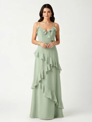 A-Line Chiffon Ruffle Floor Length V-Neck Dresses Dusty Sage