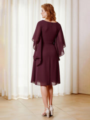 A-Line V-neck Flutter Sleeves Chiffon Knee-Length Dress Cabernet