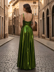 A-Line V-neck Metallic Floor-length Dress Moss