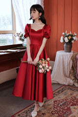Burgundy Satin Short Prom Dress, Cute A-Line Evening Party Dress