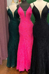 Trumpet Hot Pink V-Neck Lace Backless Sleeveless Long Prom Dress