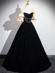 Black Velvet Floor Length Prom Dress, Off the Shoulder A-Line Evening Party Dress