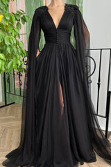 Black V-Neck Chiffon Long Prom Dress, Black Evening Dress with Slit