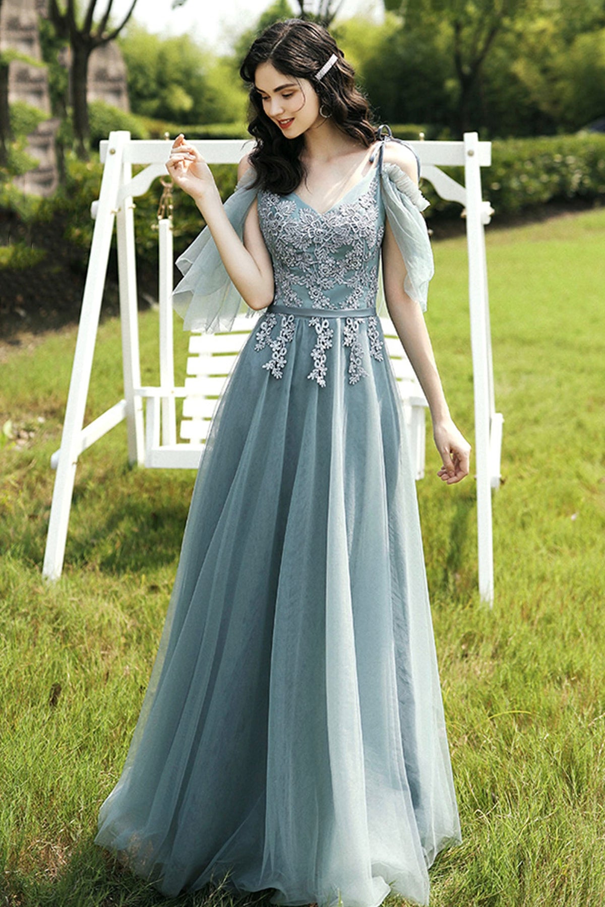 A-Line Tulle Lace Long Prom Dress, Evening Party Dress