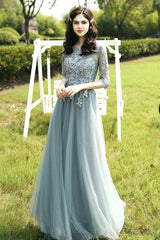 A-Line Tulle Lace Long Prom Dress, Evening Party Dress