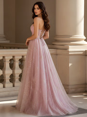 Corset-Back Strapless Evening Dress with Sparkle Pattern Dusty Rose