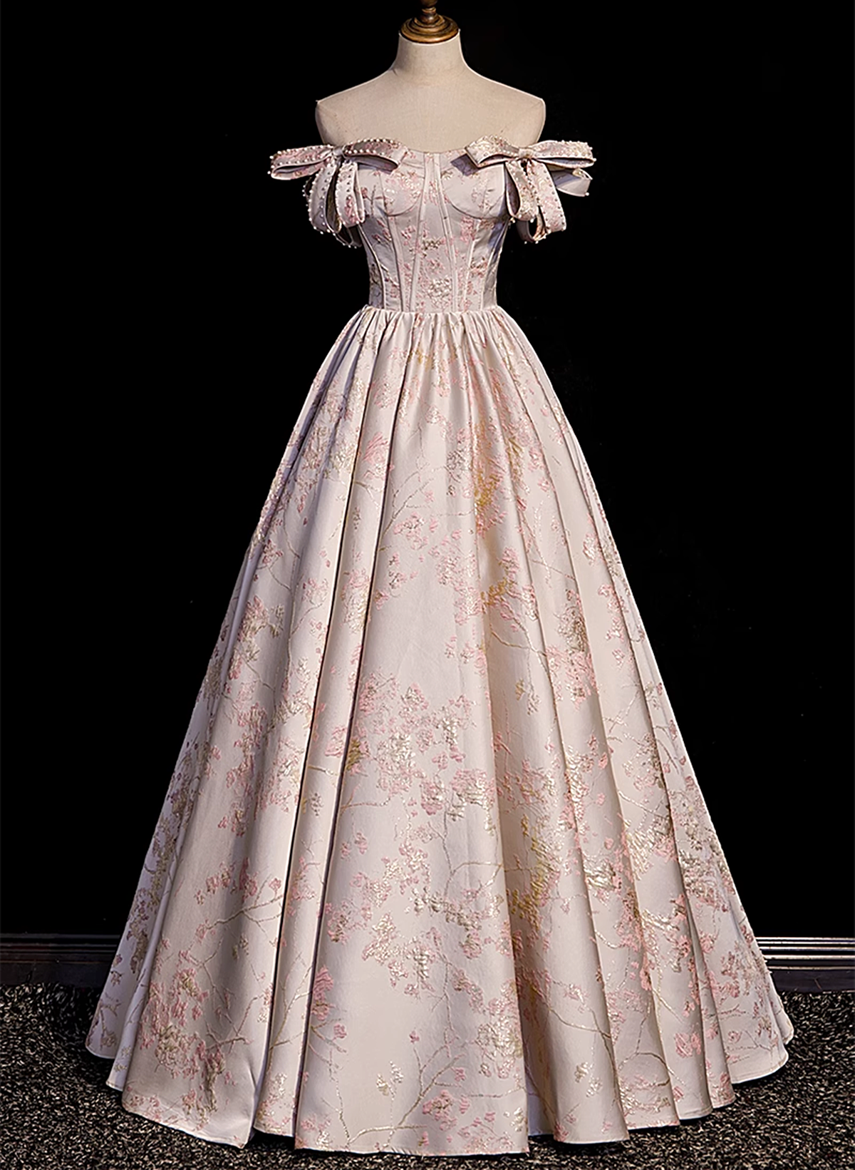 Pink Statin Off Shoulder Floral Long Party Dress, Pink Sweetheart Prom Dress Evening Dress