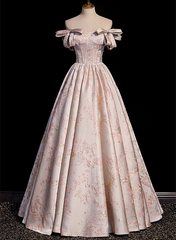 Pink Statin Off Shoulder Floral Long Party Dress, Pink Sweetheart Prom Dress Evening Dress