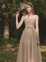 Light Champagne Floor Length Straps Long Party Dress, Light Champagne Prom Dress