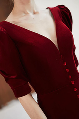 Wine Red Velvet V-neckline Long Evening Dress, Wine Red Long Prom Dress Party Dress
