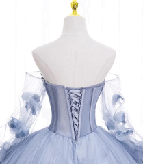 Light Blue Tulle Puffy Sleeves with Flowers Sweet 16 Dress, Light Blue Formal Dress