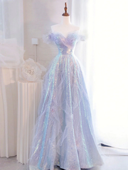 Lovely Off Shoulder A-line Tulle and Sequins Prom Dress, Sweetheart Long Evening Dress
