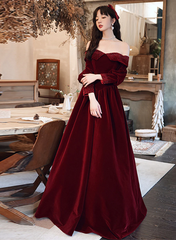 Wine Red Beaded Puffy Sleeves Long Formal Dress, Wine Red Velvet A-line Party Dress