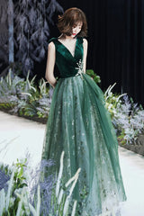 Green A-line Tulle Long Evening Dress Prom Dress, Green Tulle Party Dress