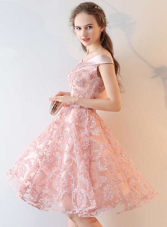 Pink Lace Off Shoulder Short Party Dress Homecoming Dress, Pink Prom Dress Formal Dress