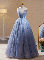 Blue Straps Beaded V-neckline Party Dress, Blue Tulle Formal Dress Evening Dress