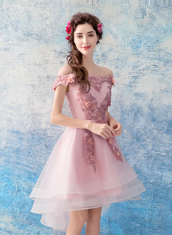 Pink Chic High Low Off Shoulder Party Dress with Lace Applique, Pink Homecoming Dress Prom Dress