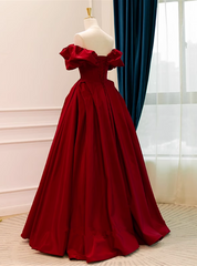 Wine Red Satin Off Shoulder Long Party Dress, A-line Wine Red Sweetheart Formal Dress