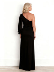 Sleek Asymmetrical Full-Length Dress with Fluid Draping Black