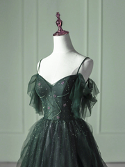 Green Gradient Tulle A-line Long Formal Dress, Green Beaded Straps Party Dress Prom Dress