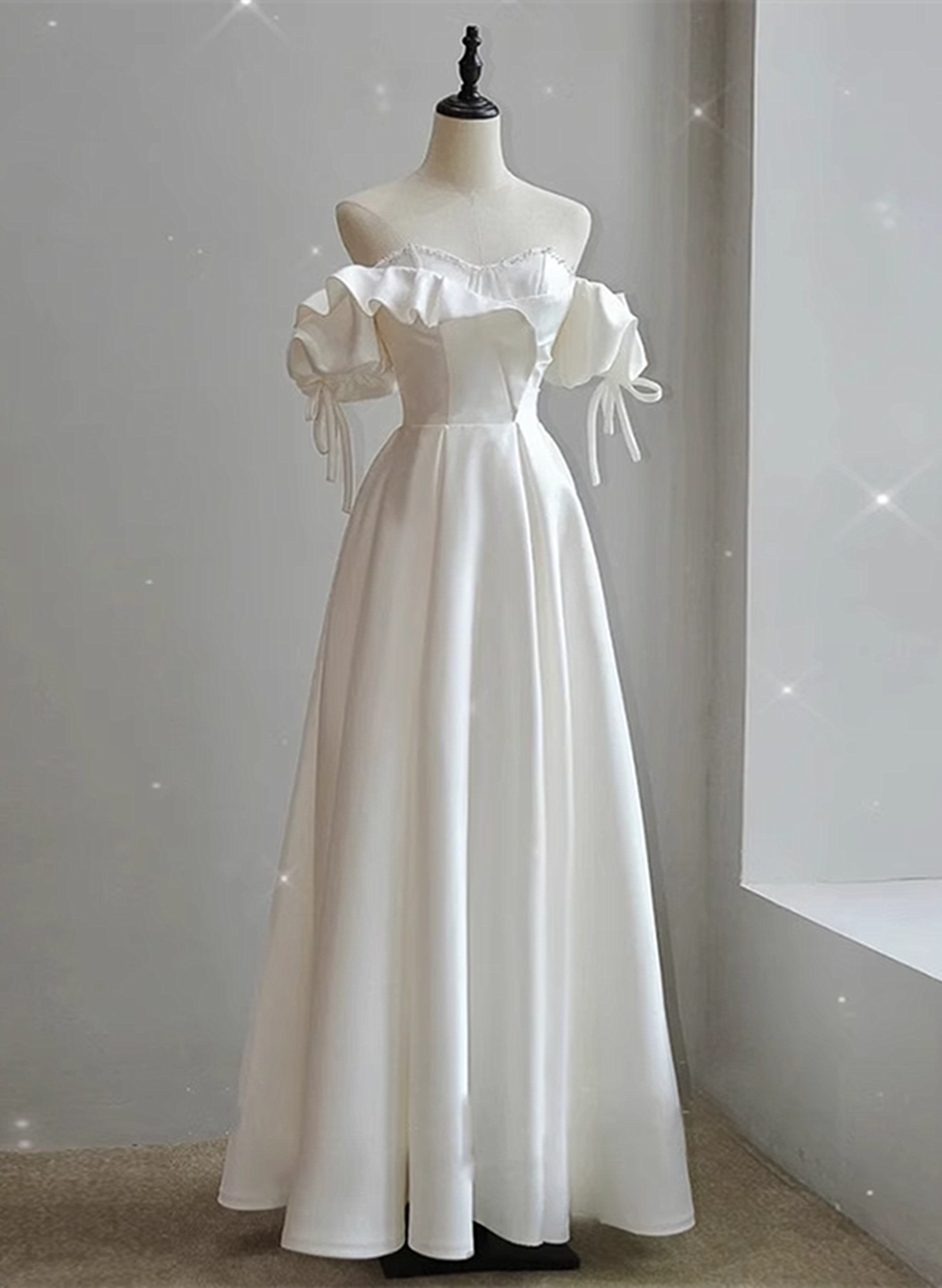 White Satin Off Shoulder Beaded Sweetheart Formal Dress, White Long Prom Dress