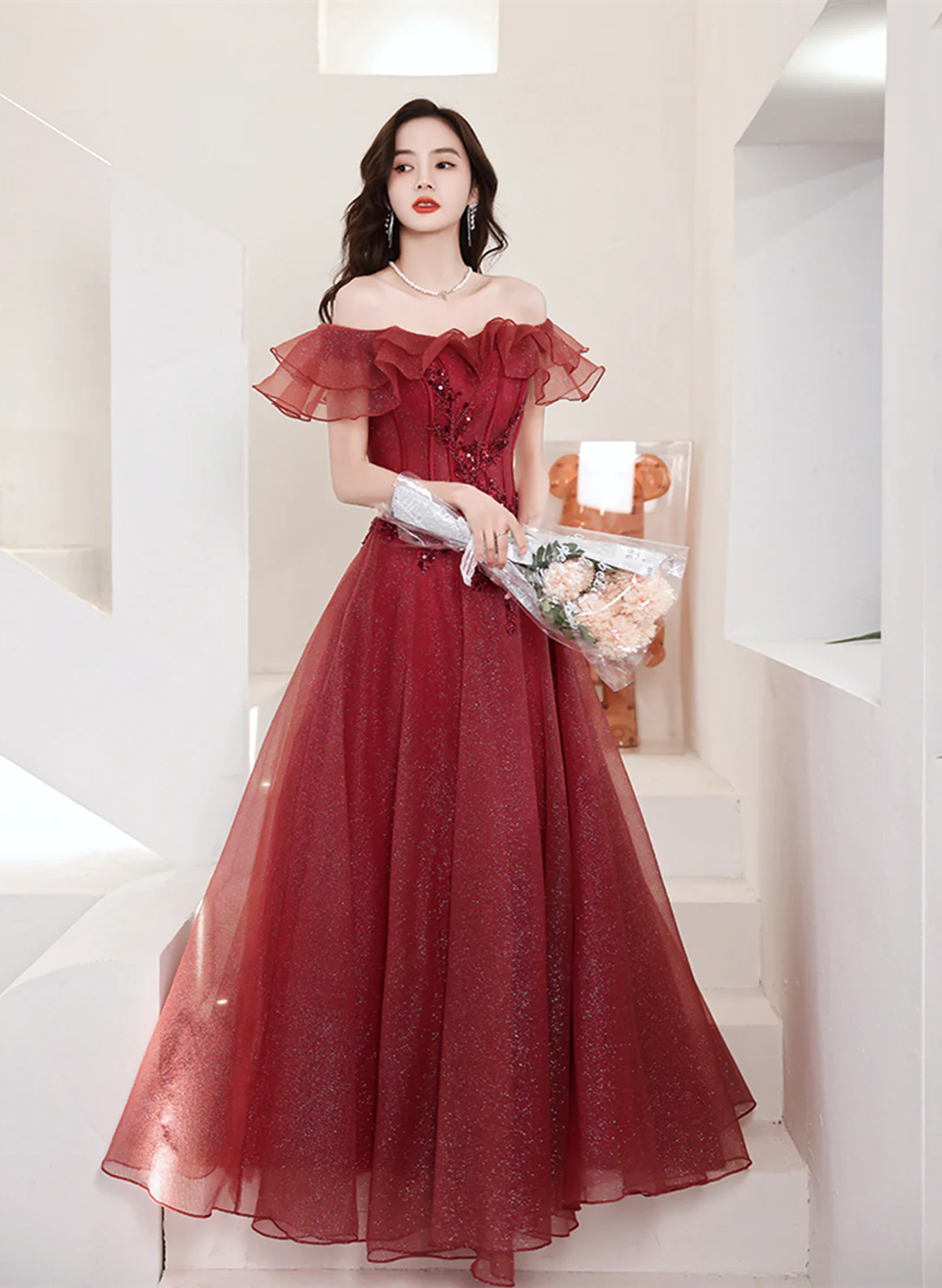 Lovely Wine Red Off Shoulder Tulle with Beadings Party Dress, Wine Red Long Prom Dress