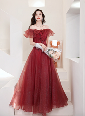 Lovely Wine Red Off Shoulder Tulle with Beadings Party Dress, Wine Red Long Prom Dress